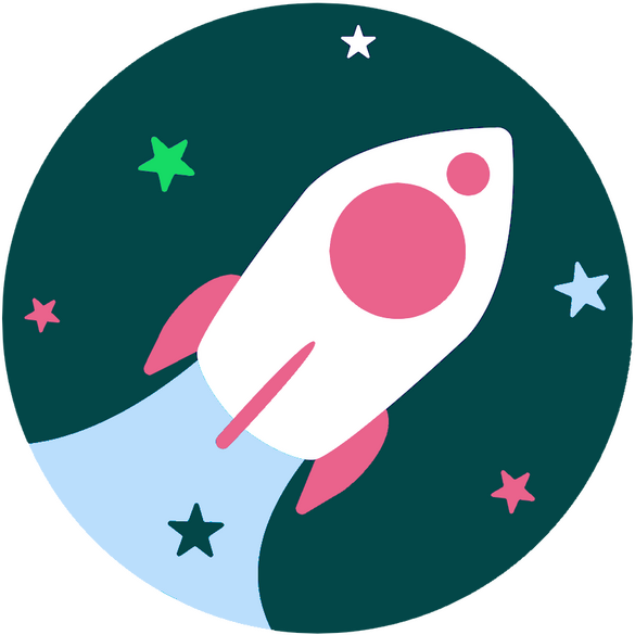 A flat illustration of a rocket with magenta fins and window flying past stars of different cooler hues.